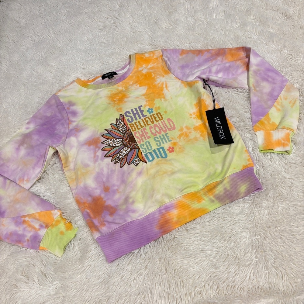 Wild Fox Tie Dye Sherbert long sleeve pullover with Heat Press NWT size XS